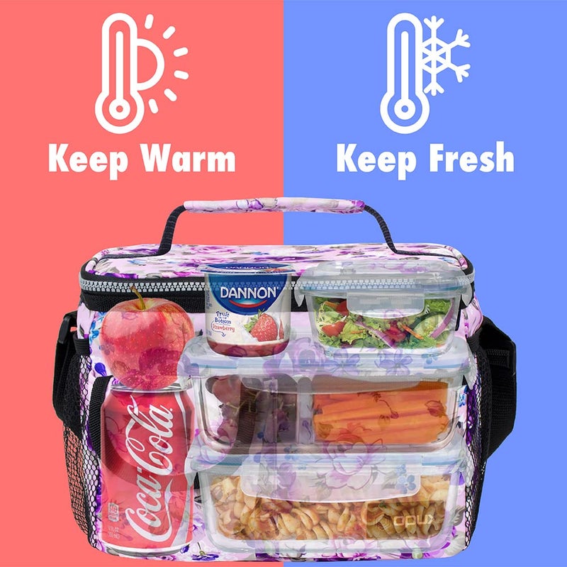 opux Insulated Lunch Bag for Men Women, Leakproof Floral Purple Lunch Box for Work, Portable Soft Lunch Cooler Bag with Shoulder Strap, Adult Lunchbox Lunch Pail for Kid Boy Girl School, 14 Can/8L - Image 2